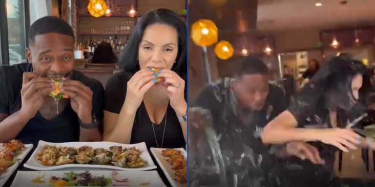 Casal quase é atingido por carro enquanto comiam em restaurante