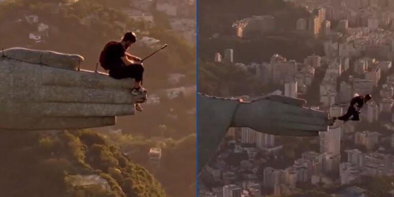 Homem invade Cristo Redentor e salta de paraquedas de cima da estátua