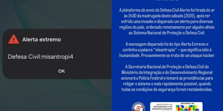 Defesa Civil se pronuncia após “misantropia” e diz que alarme foi causado por invasão no sistema